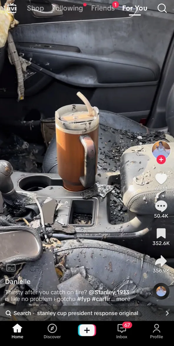 Woman's Stanley tumbler survived a car fire - Now the company is giving her  free cups and a new ride - ABC7 Los Angeles