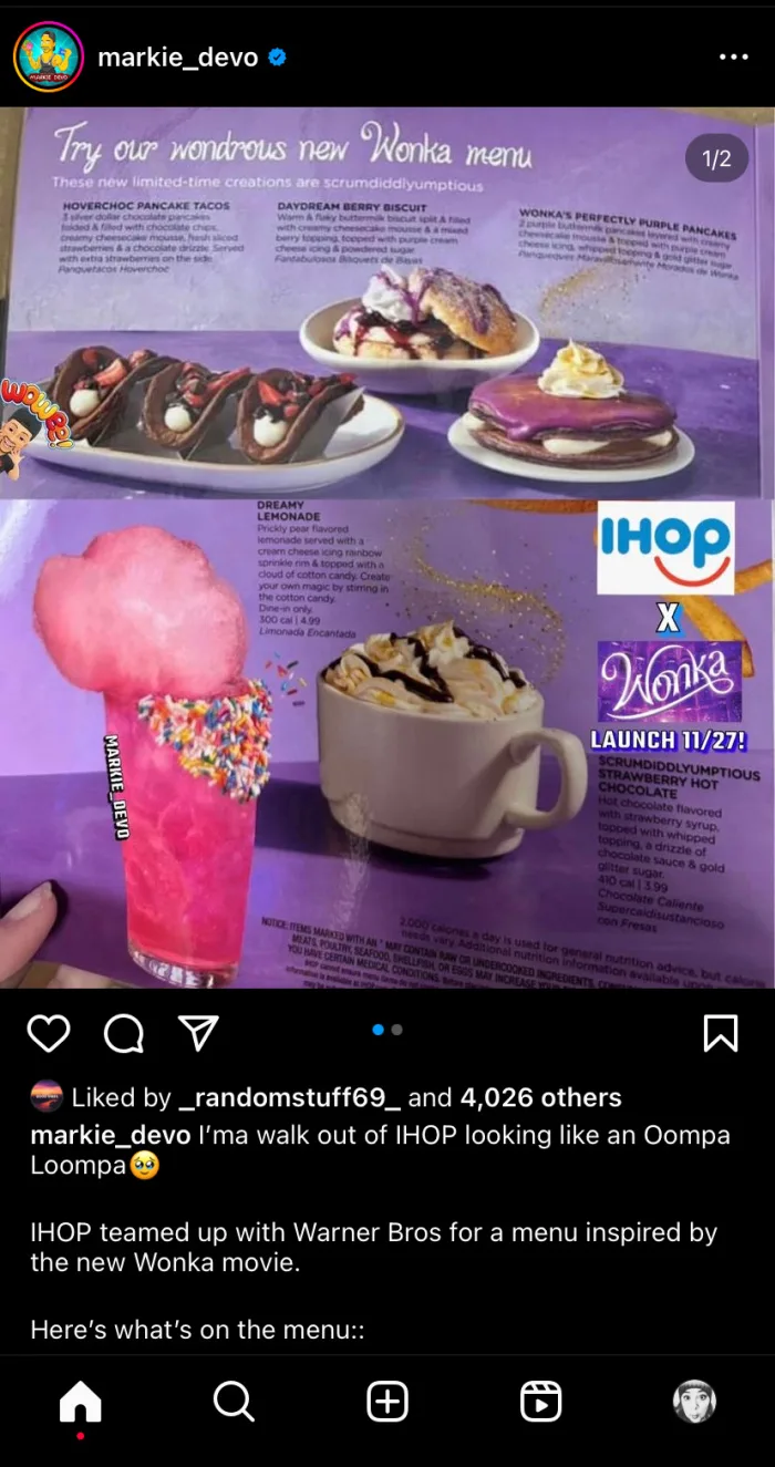 Whimsical' menu at IHOP features 'Wonka' inspired purple pancakes 